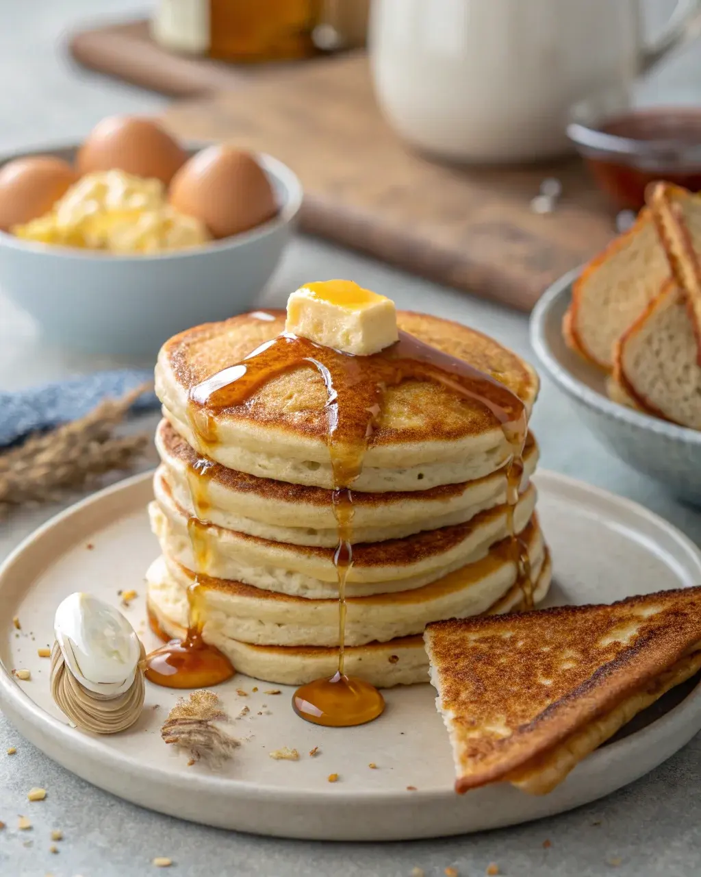 close up breakfast pancakes eggs toast
