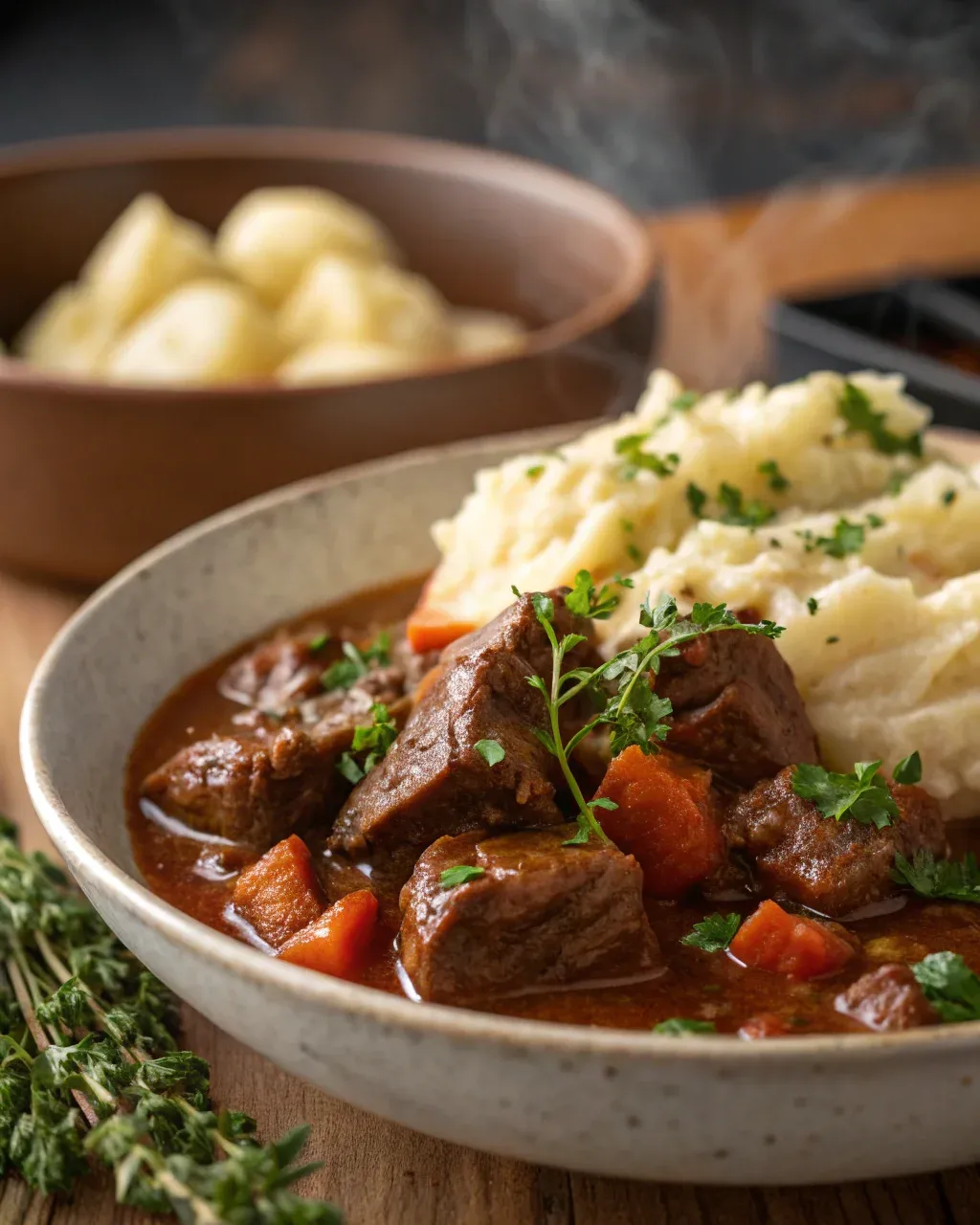 close up dinner beef stew mashed potatoes