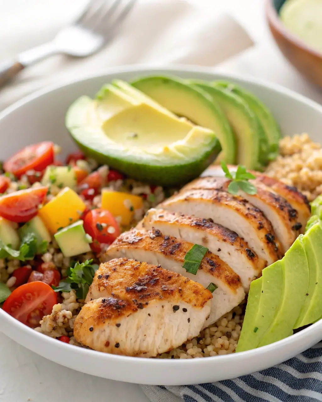 close up lunch chicken avocado quinoa
