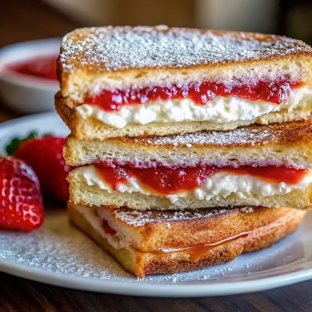 fried-strawberry-cheesecake-sandwiches-featured Fried Strawberry Cheesecake Sandwiches stacked golden and crispy