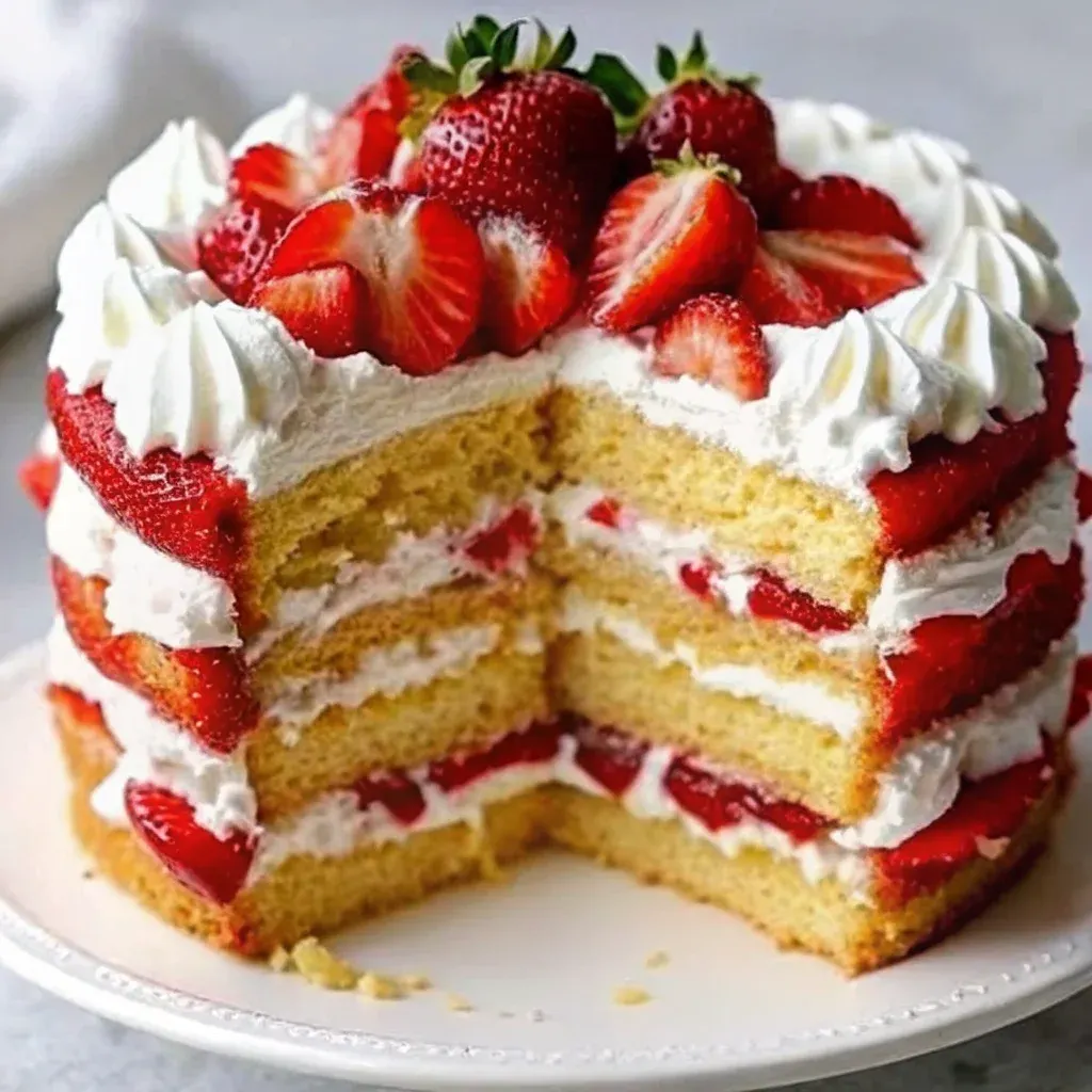 Moist Strawberry Shortcake Cake with Whipped Cream Frosting That Melts in Your Mouth 2 Sliced moist strawberry shortcake on dessert plate