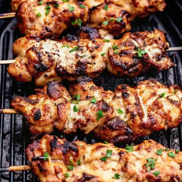 Bang Bang Chicken Skewers served hot on a platter