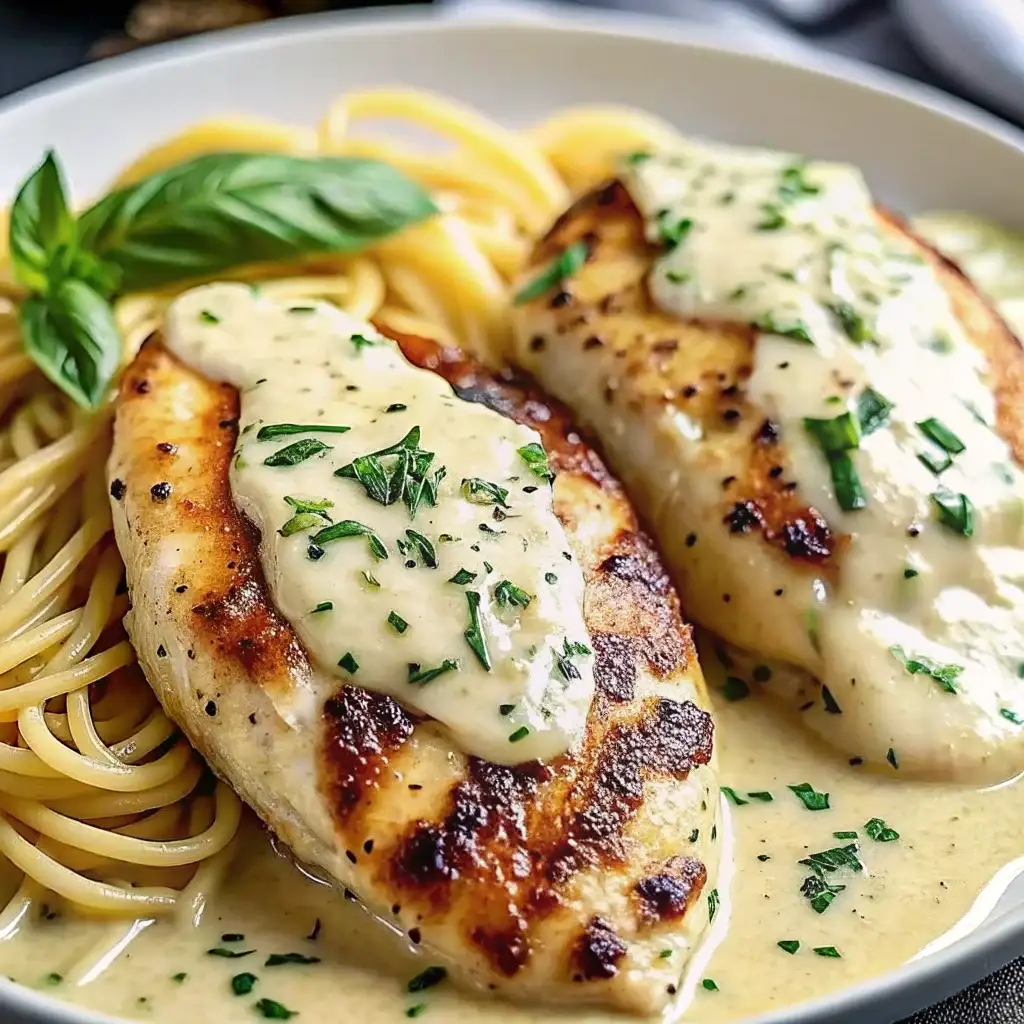 All Recipes 3 Mozzarella Chicken in Basil Cream Sauce in a white skillet