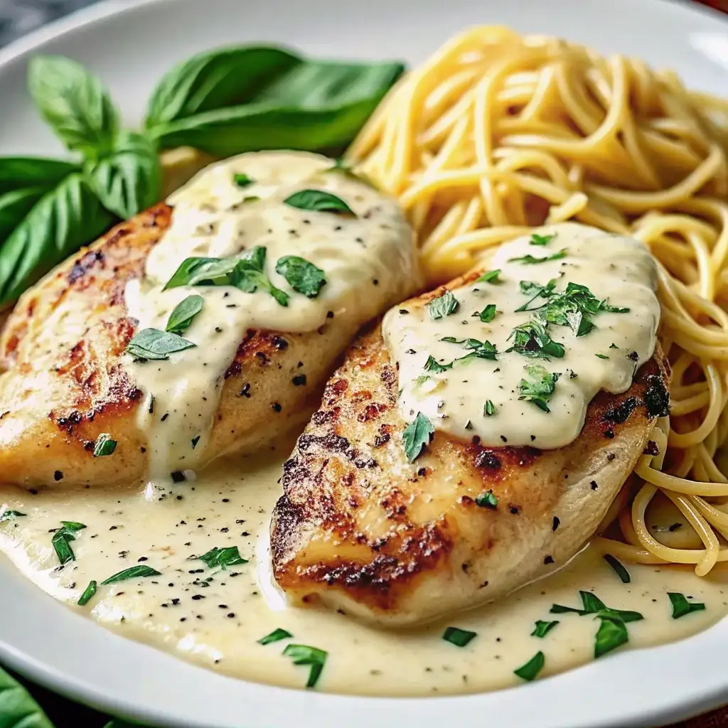 Mozzarella Chicken in Basil Cream Sauce – A Deliciously Cheesy Twist for Weeknight Dinners 2 Mozzarella basil chicken served over pasta