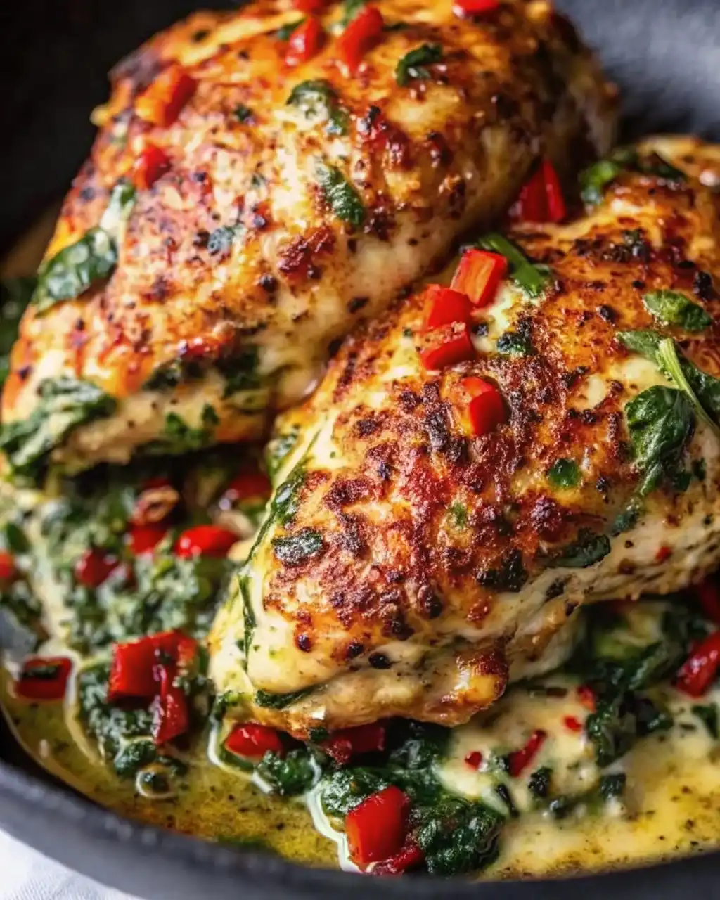 Roasted Red Pepper Spinach Mozzarella Stuffed Chicken 2 card roasted red pepper spinach mozzarella stuffed chicken