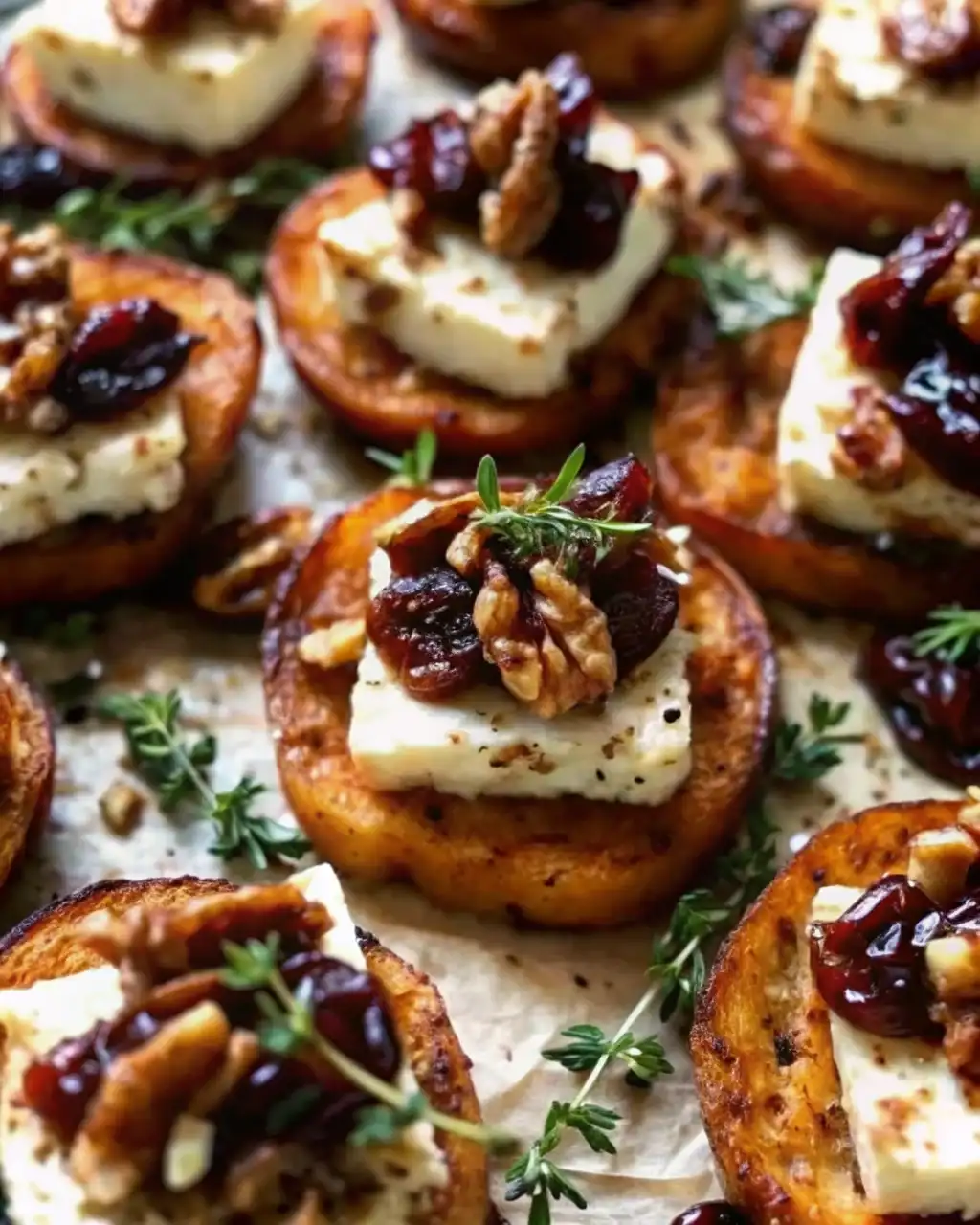 maker sweet potato rounds with brie cranberry walnuts