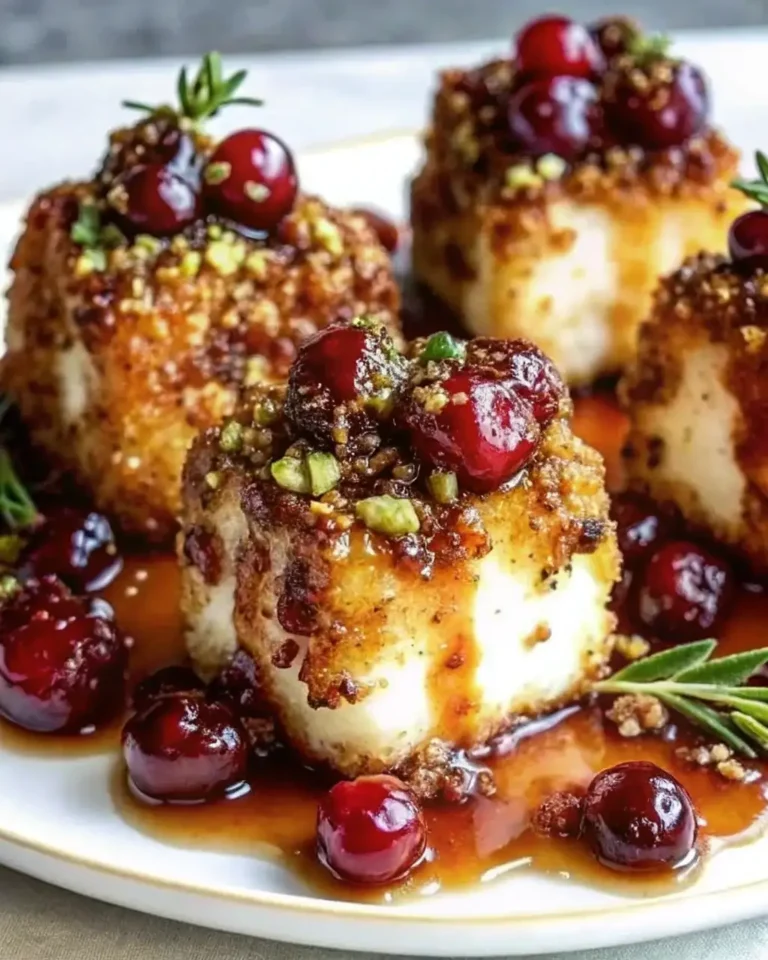 Pistachio Crusted Brie Bites with Cranberry Glaze
