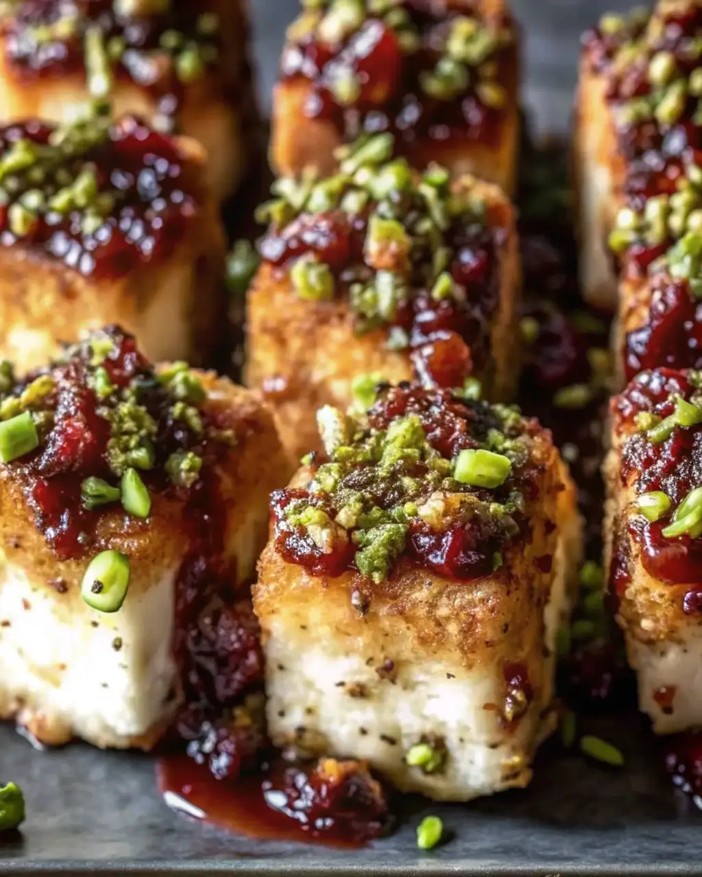 Pistachio Crusted Brie Bites with Cranberry Glaze 2 pistachio crusted card brie bites with cranberry honey glaze