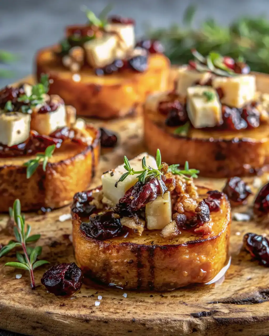 Sweet Potato Brie Bites: The Ultimate Festive Appetizer 2 sweet potato rounds with brie cranberry walnuts