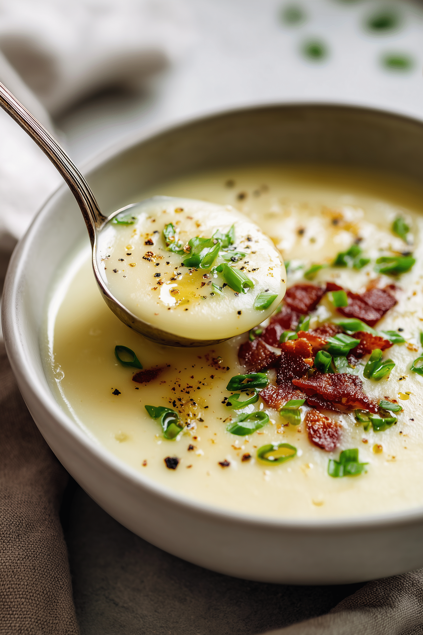 4 Ingredient Potato Soup That’s Creamy, Cozy, and So Simple 5 Serving bowl of 4 Ingredient Potato Soup topped with green onions and bacon.