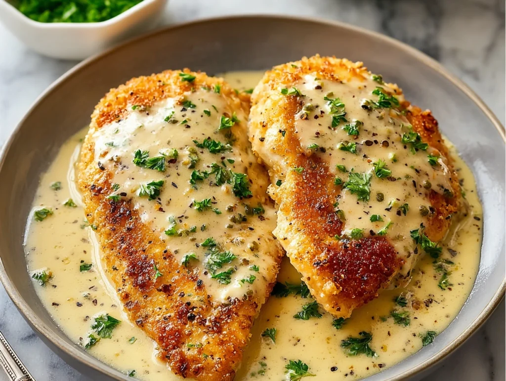 Lemon Pecorino Crusted Chicken with Creamy Lemon Sauce