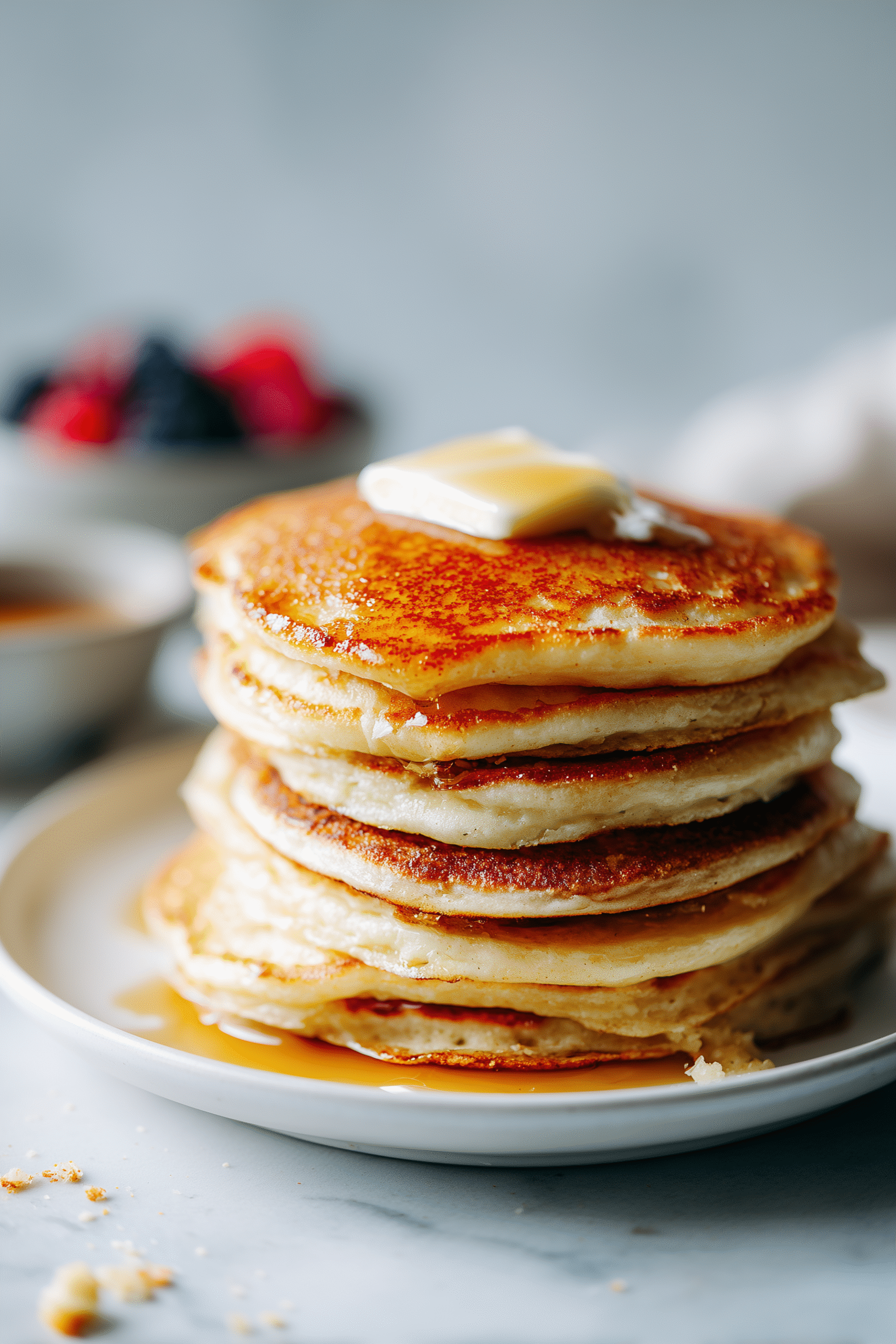 Stack of fluffy oat flour pancakes with golden edges and melted butter.
