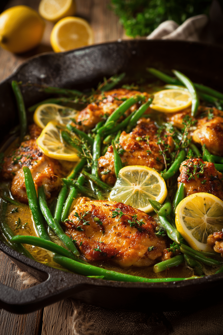 Skillet Chicken and Green Beans with juicy chicken and green beans in a savory sauce, close up.