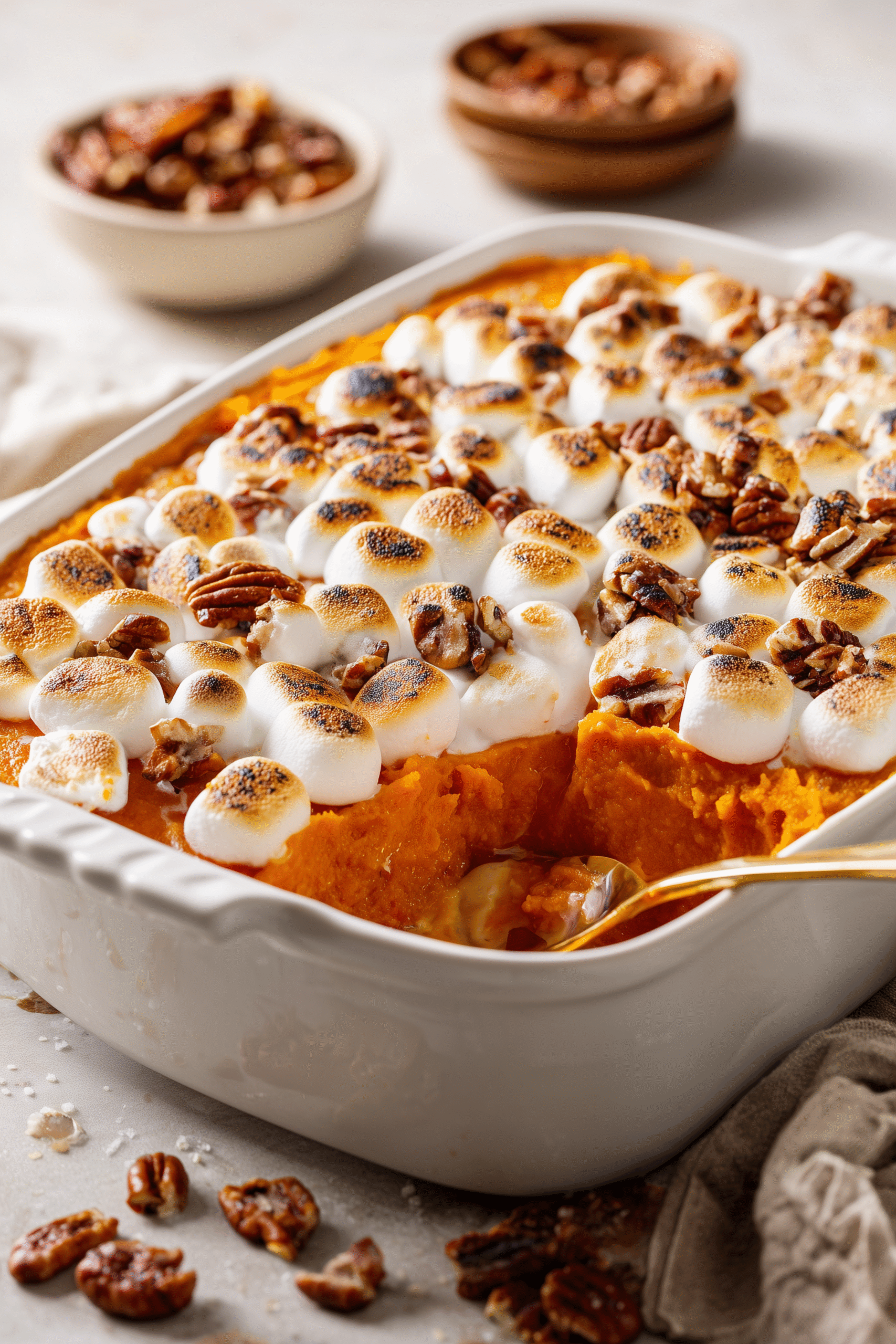 Sweet Potato Casserole with marshmallow and pecan topping in a white dish, close-up.