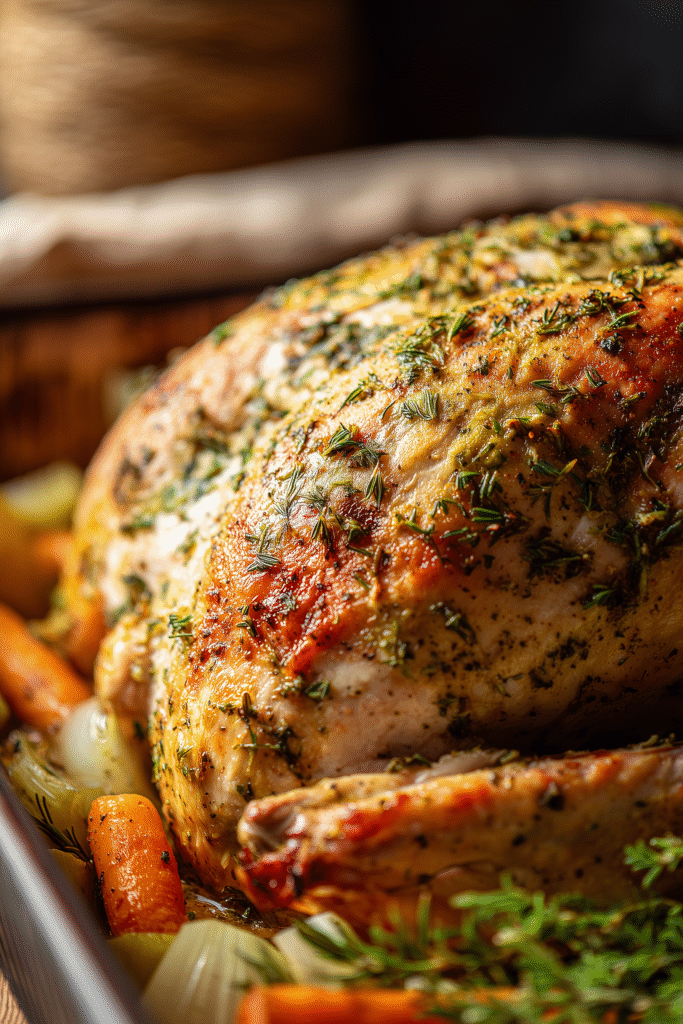 Raw Thanksgiving Turkey, buttered and herbed, on vegetables in a roasting pan.