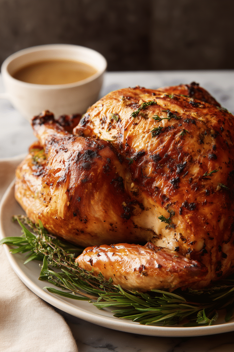 Golden-brown Thanksgiving Turkey with crispy skin and herbs on a platter.