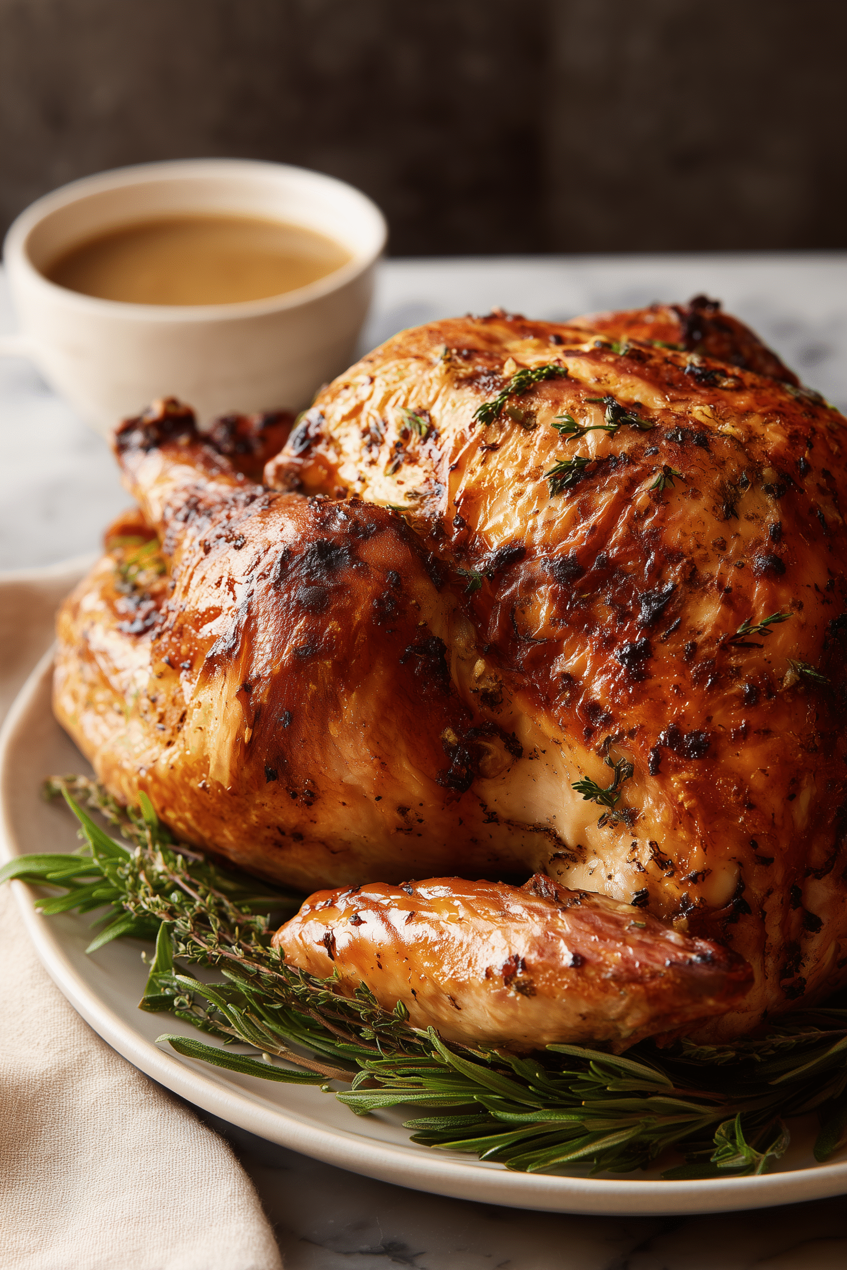 Golden-brown Thanksgiving Turkey with crispy skin and herbs on a platter.