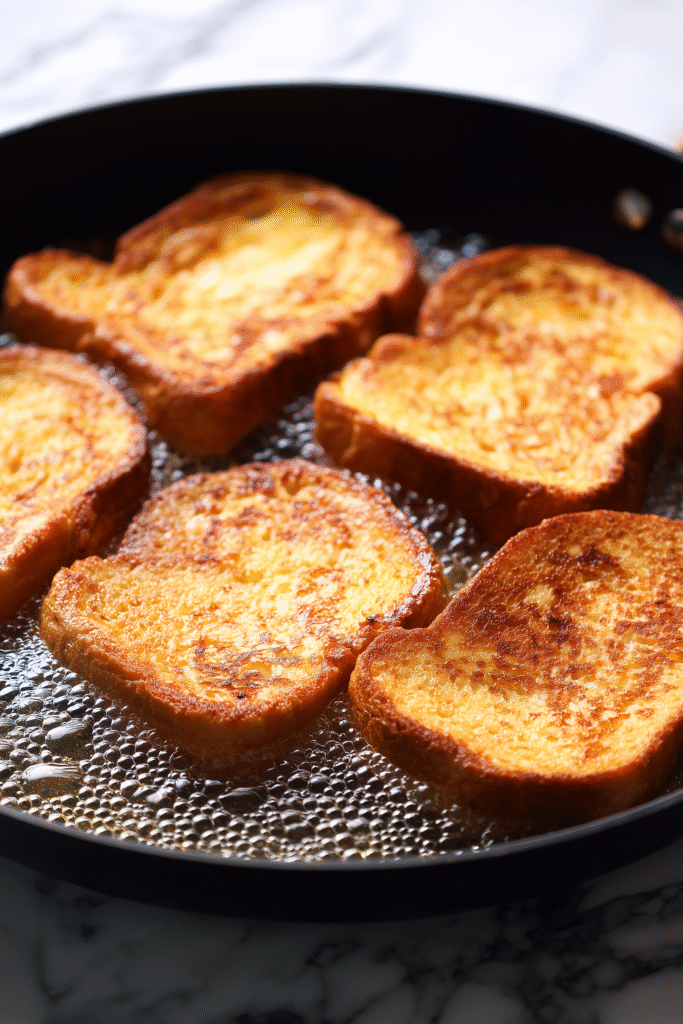 Alton Brown’s French Toast (The Coziest, Crispiest Recipe) 3 Alton Brown’s French Toast slices frying to perfection in a skillet.