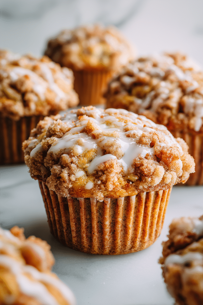 Close-up of Apple Muffins with a streusel topping, showing the moist crumb and apple pieces.