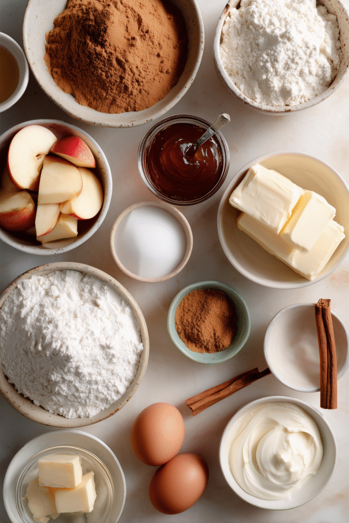 Overhead photo of Apple Muffins ingredients, like apples, flour, brown sugar, sour cream, and spices, on a bright background.