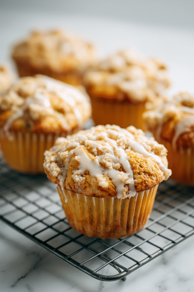Apple Muffins with streusel topping and glaze cooling on a rack, ready to eat.
