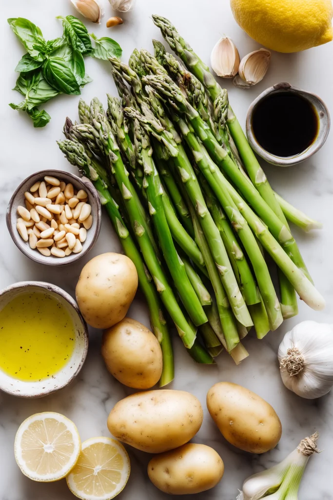 Creamy asparagus soup 2 A flat-lay of asparagus soup ingredients including asparagus, potatoes, herbs, and pine nuts.