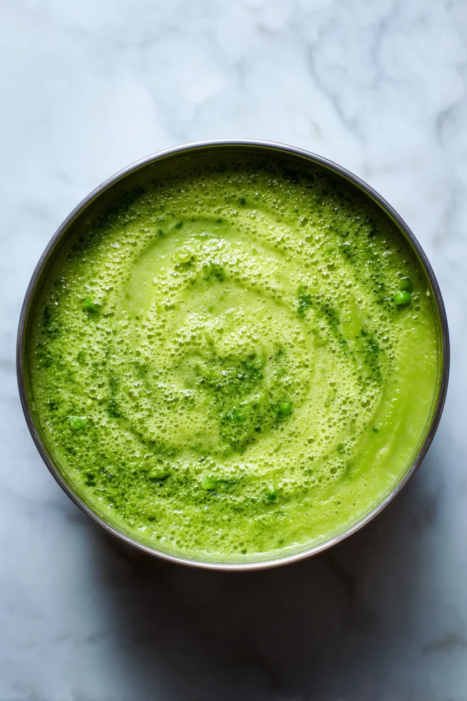 Creamy asparagus soup 3 Creamy asparagus soup in a pot being blended, showing its vibrant green texture.