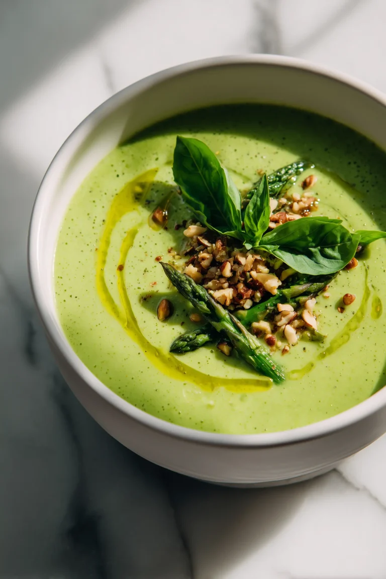 A creamy bowl of asparagus soup with pine nut and mint garnish.