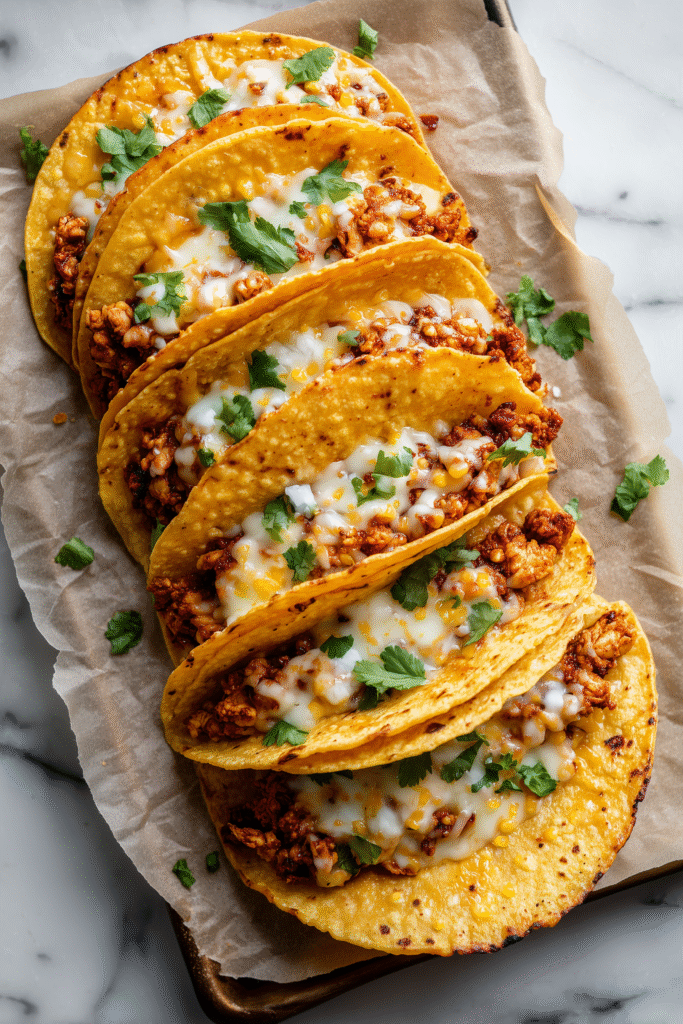 Golden Baked Chicken Tacos arranged on a baking sheet with melted cheese.