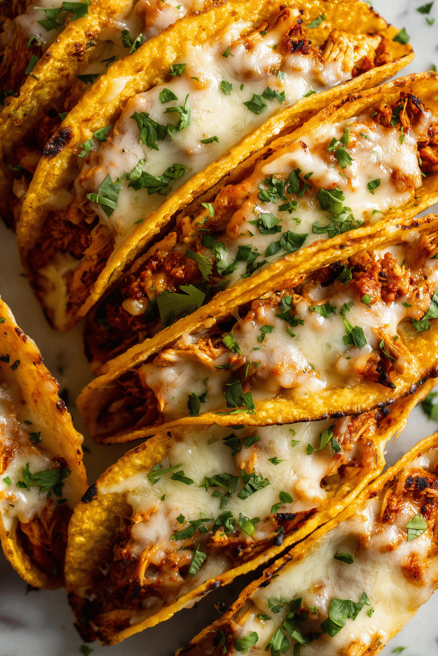 Close-up of Baked Chicken Tacos with golden shells and bubbling cheese on a white marble surface.
