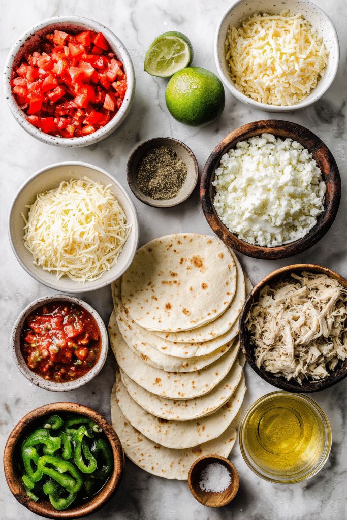 Overhead of key Baked Chicken Tacos ingredients on a clean marble surface.