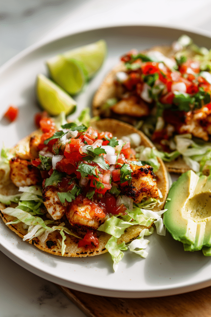 Plated Baked Chicken Tacos with avocado, salsa, and lime on a white plate.