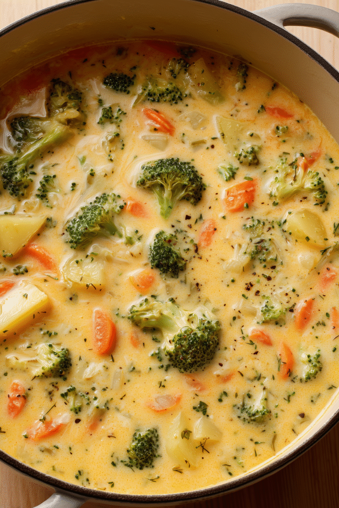 Broccoli Cheese Soup simmering in a pot, colorful and creamy with visible broccoli and cheese.