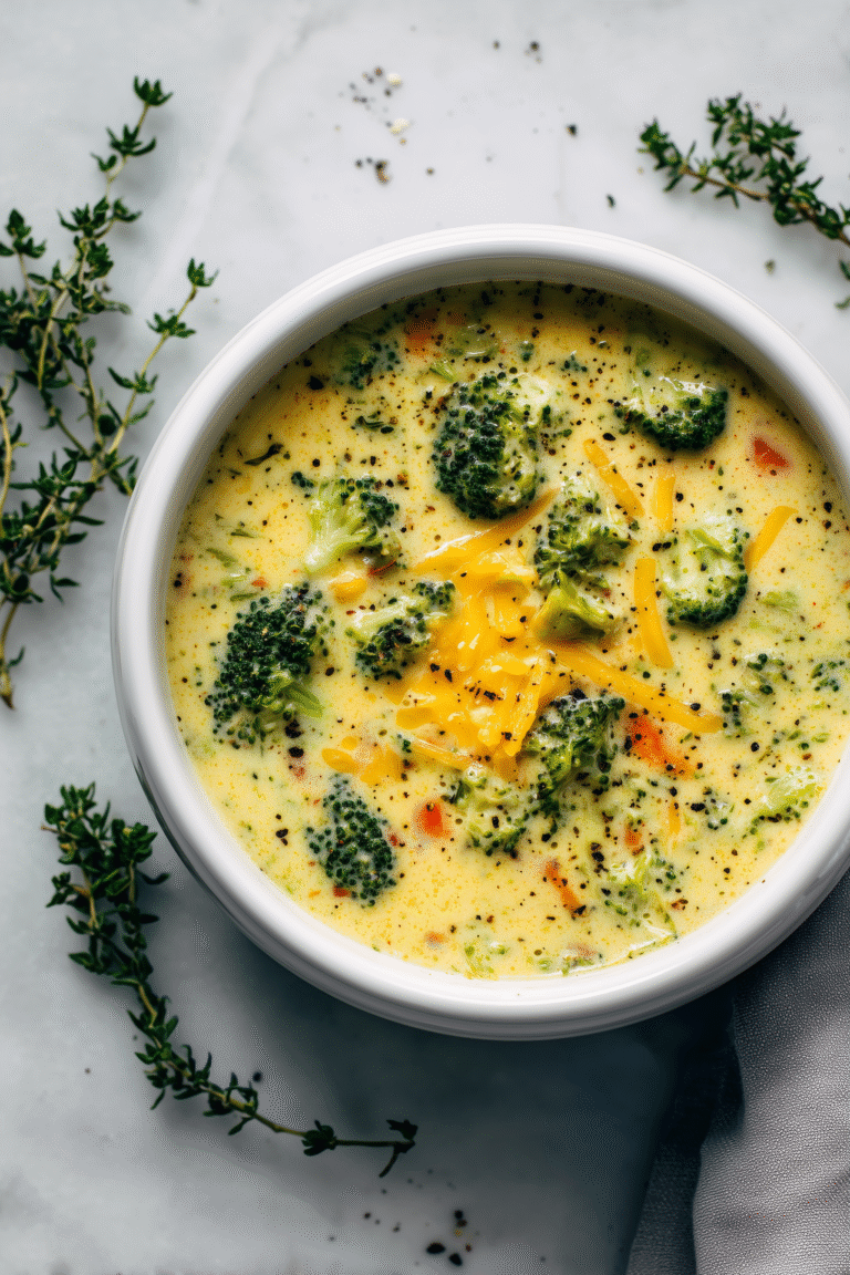 A creamy bowl of Broccoli Cheese Soup with cheddar and broccoli, garnished and served in a white bowl.