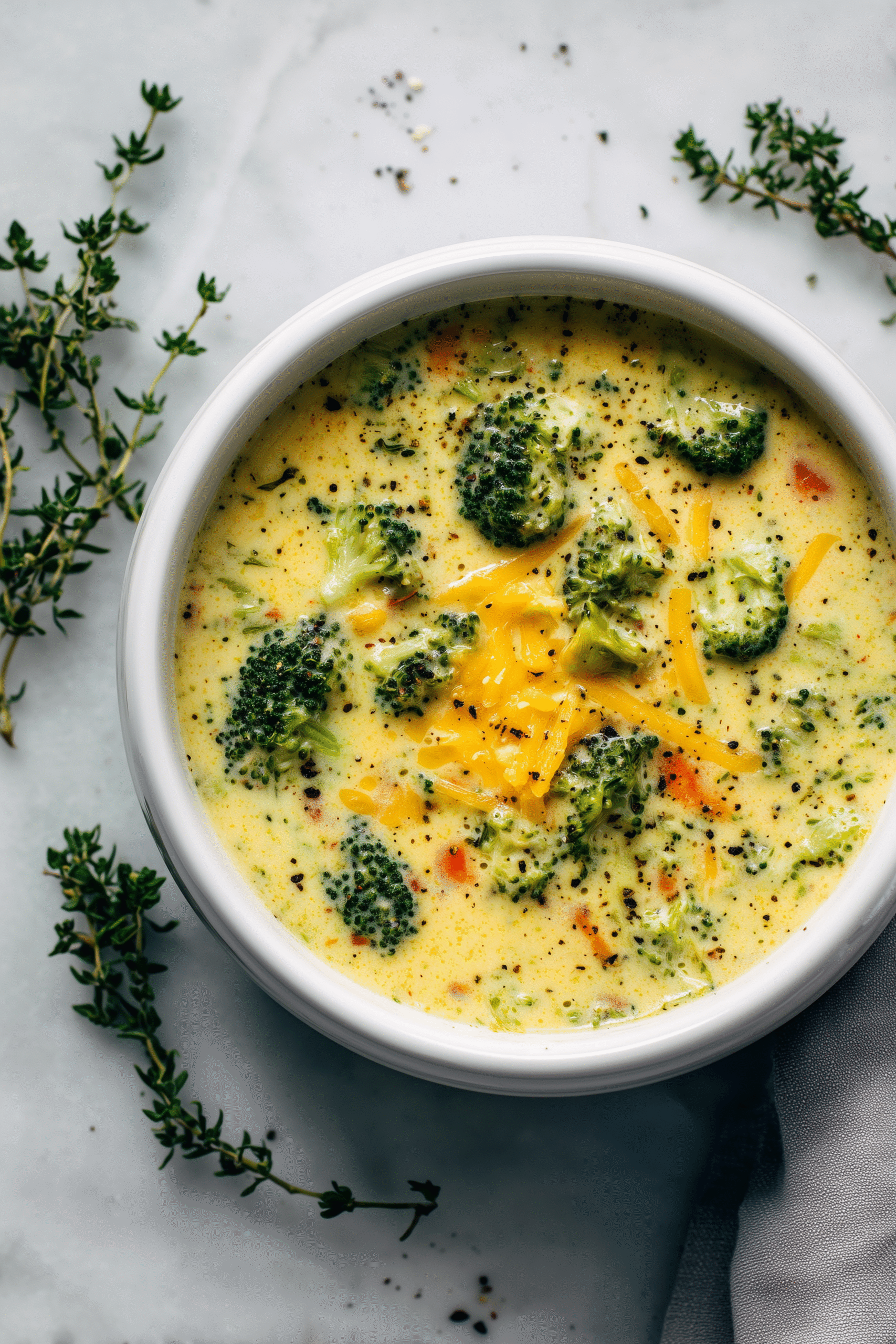 A creamy bowl of Broccoli Cheese Soup with cheddar and broccoli, garnished and served in a white bowl.