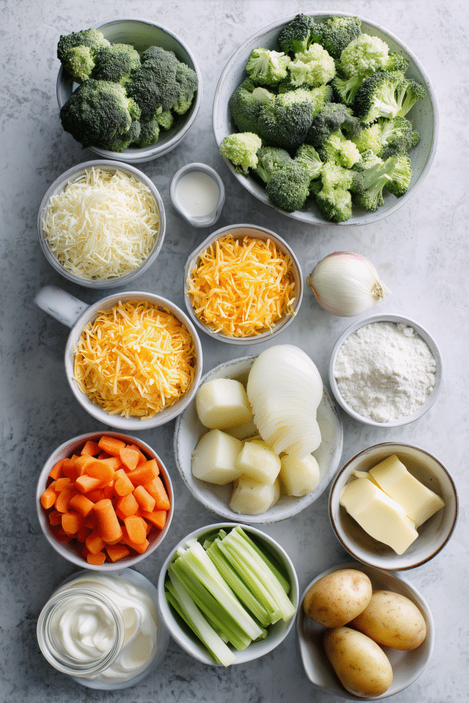 Ingredients for Broccoli Cheese Soup arranged on a marble surface, including broccoli, cheese, carrots, and more.