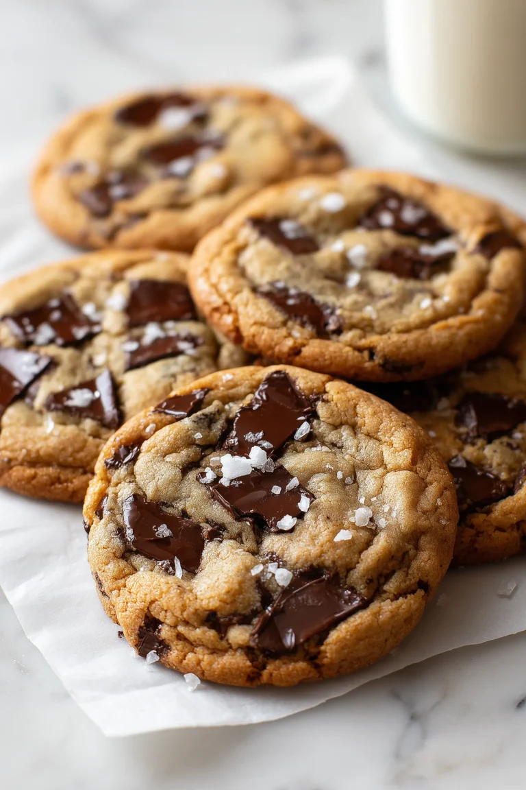 Golden Brown Butter Chocolate Chunk cookies with melty chocolate chunks, cooling on a white marble surface.