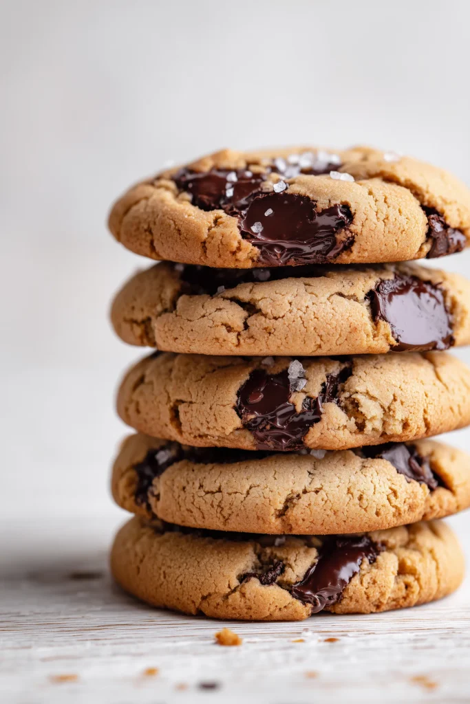 Stacked Brown Butter Chocolate Chunk cookies with golden edges and pools of chocolate on a bright background.
