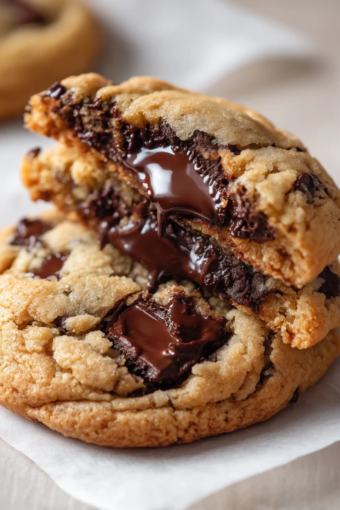 Close-up of a Brown Butter Chocolate Chunk cookie broken open to reveal a gooey, chocolate-filled center.