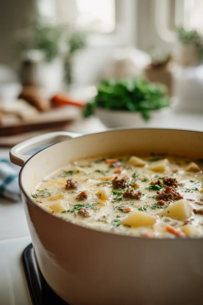 Cheesy Sausage Potato Soup simmering in a pale Dutch oven with visible sausage and golden potatoes.