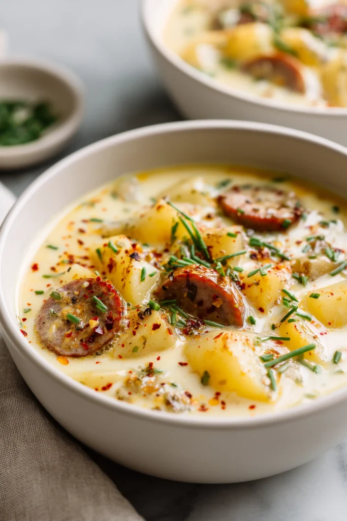 Bowl of Cheesy Sausage Potato Soup with golden potatoes, sausage, and cheddar cheese on marble background.