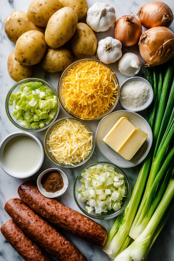 Overhead view of Cheesy Sausage Potato Soup ingredients arranged on a marble background.