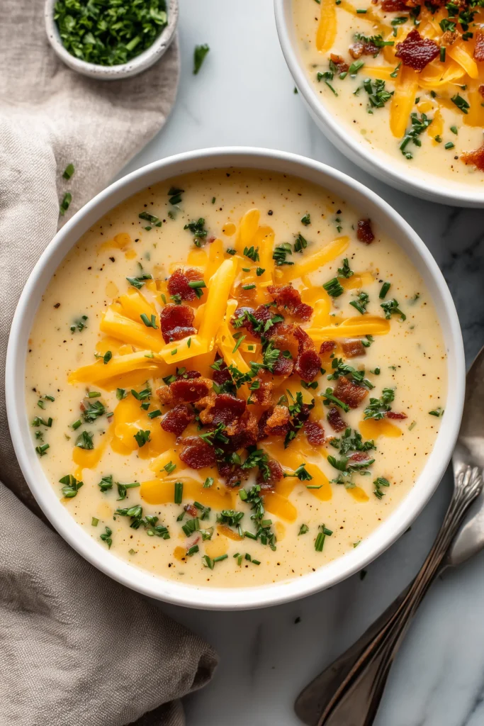 Cheesy Sausage Potato Soup served with cheddar, bacon, and herbs on a white marble surface.