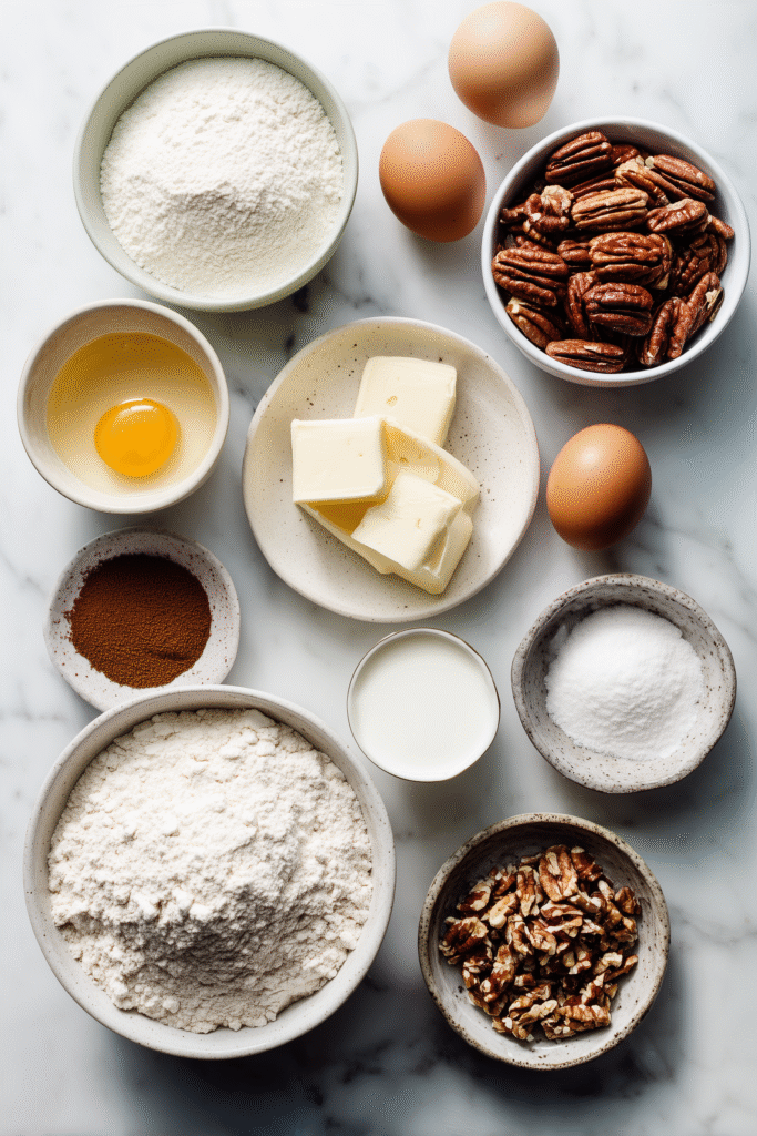 Cinnamon rolls ingredients including flour, butter, eggs, and cinnamon laid out on white marble.