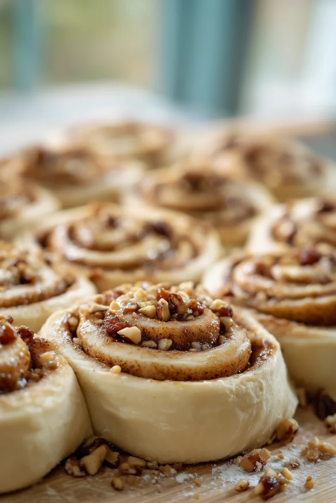 Cinnamon roll dough covered in cinnamon sugar and nuts on a pale wooden surface.