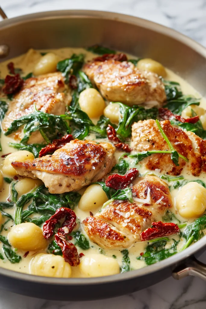 Creamy Chicken and Gnocchi simmering in a skillet with golden chicken and creamy sauce.