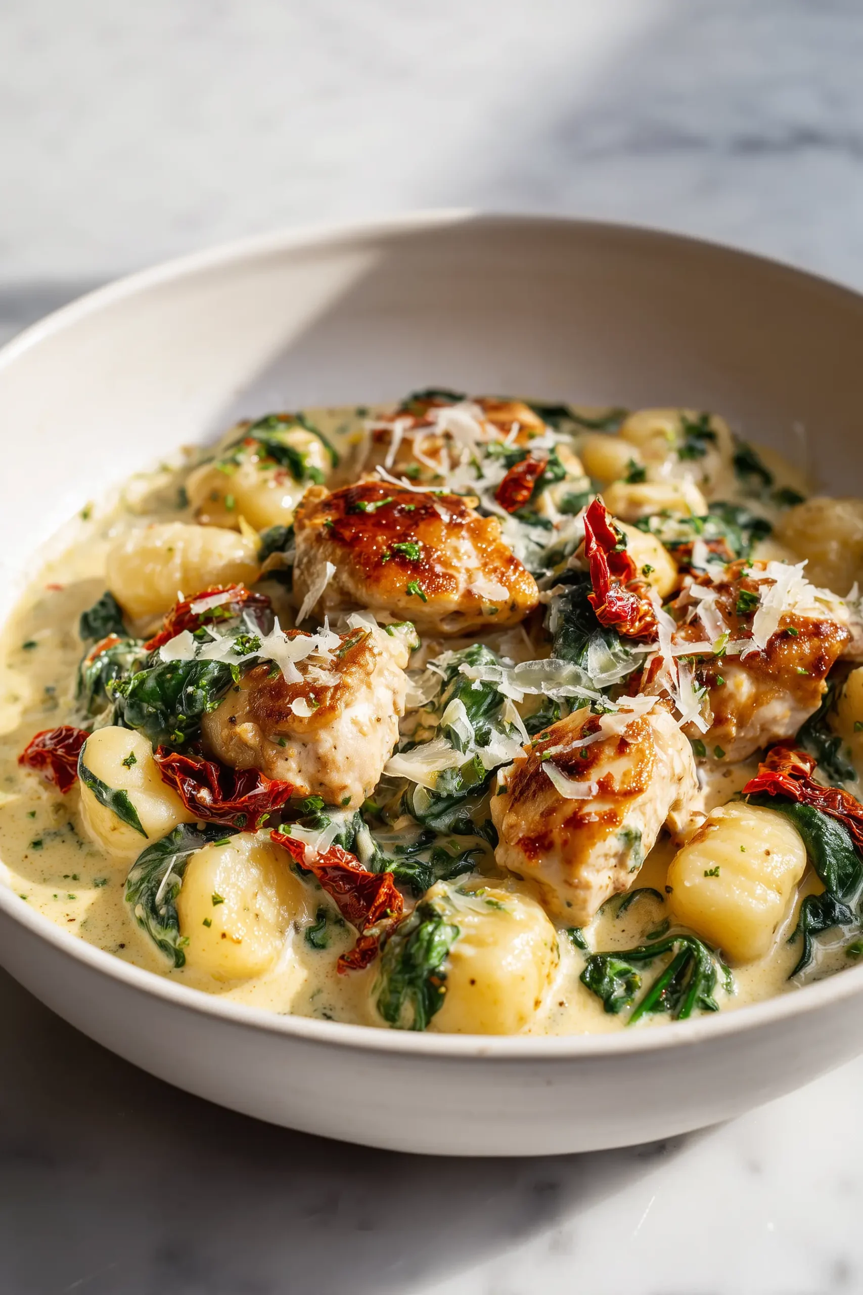 Creamy Chicken and Gnocchi in a white bowl with golden chicken, gnocchi, and spinach in a creamy sauce.