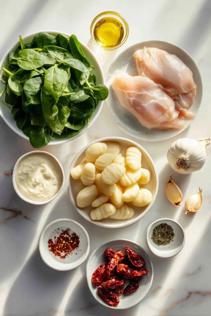 Fresh ingredients for Creamy Chicken and Gnocchi, including gnocchi, chicken, spinach, and cream on a marble surface.