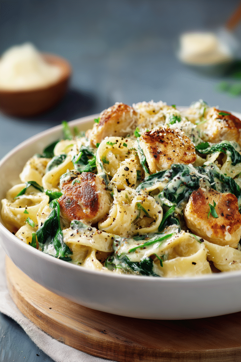 Bright and inviting creamy chicken spinach pasta with chicken and spinach in a creamy sauce on a white plate.