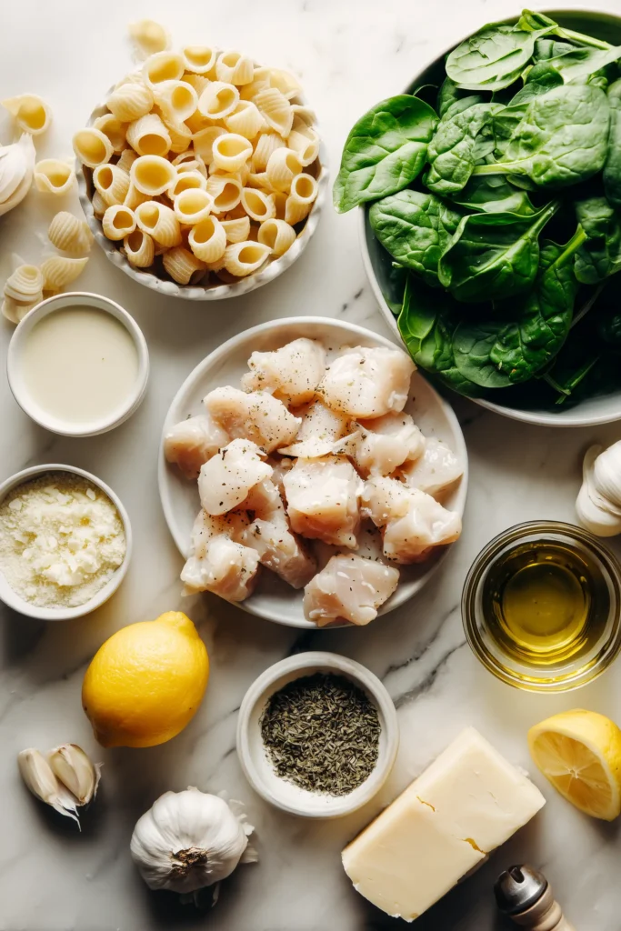 Ingredients for creamy chicken spinach pasta arranged on a white marble background.